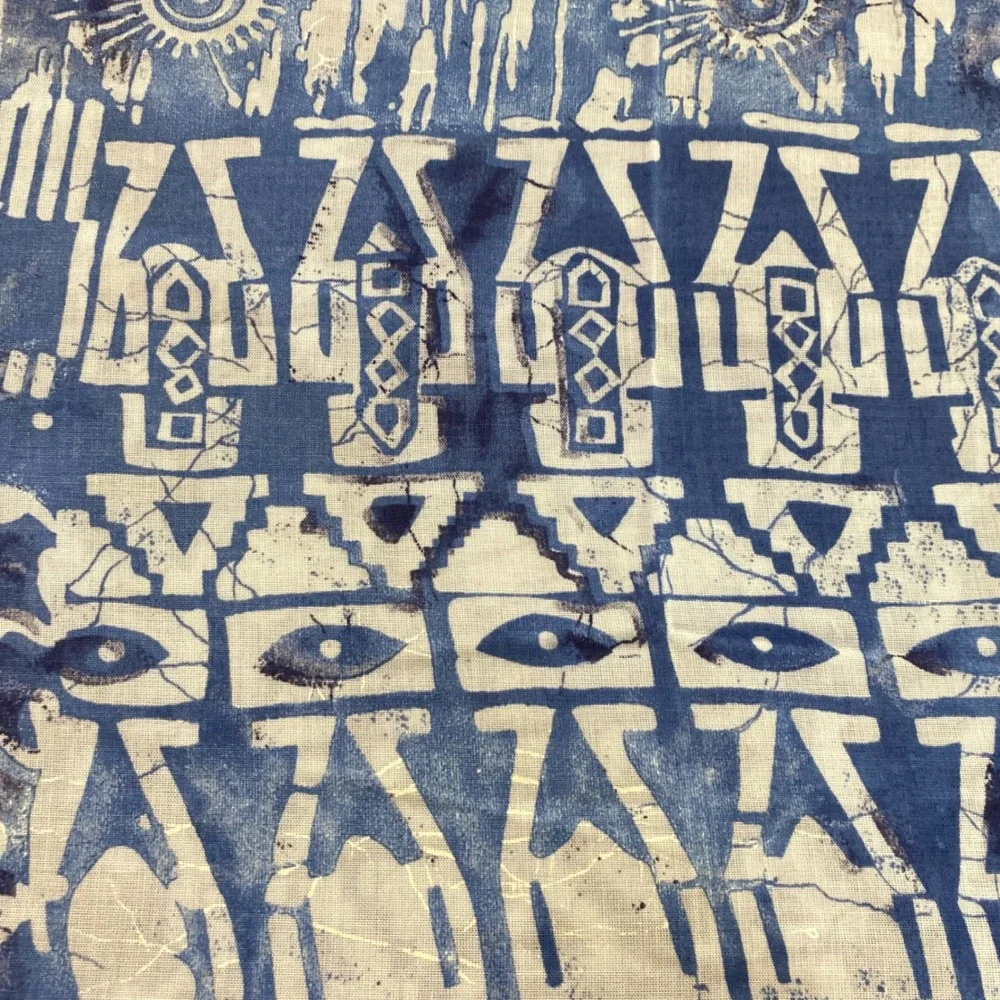Blue Batik Cotton Fabric Abstract Tribal Geometric Indigo Print 58 x 45 Inch